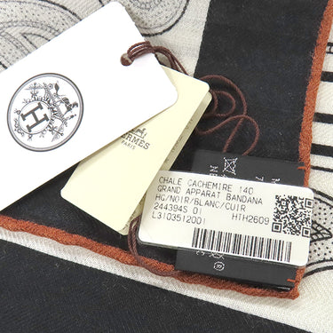 エルメス HERMES カレ140 カレジェアン H244394S ブラック×ホワイト×キュイール カシミヤ シルク ストール 新品 未使用 【グランアパラ バンダナ】