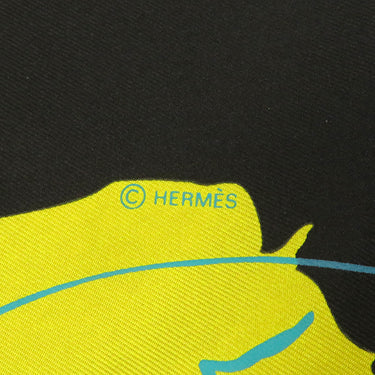 エルメス HERMES カレ90 CARRE イエロー×ブラック シルク スカーフ 【LE MONDE EST 1 FLEUVE/世界は1つの川】