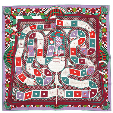 エルメス HERMES カレ90 CARRE パープル×ボルドー×マルチカラー シルク スカーフ 【LE TOUR DU MONDE EN 63 CASES/63マスの世界旅行】