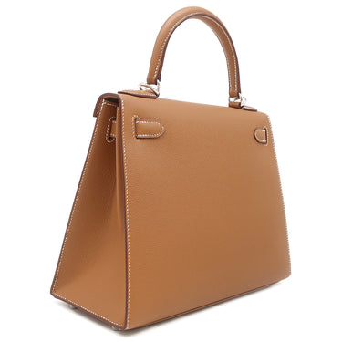 エルメス HERMES ケリー28 外縫い ゴールド ヴォーエプソン 2WAYバッグ シルバー金具 茶 ショルダー
