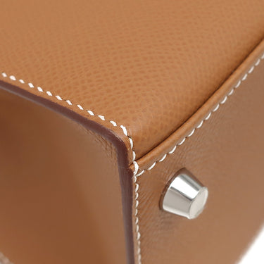 エルメス HERMES ケリー28 外縫い ゴールド ヴォーエプソン 2WAYバッグ シルバー金具 茶 ショルダー