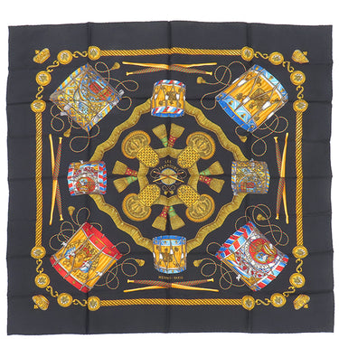 エルメス HERMES カレ90 CARRE ブラック×マルチカラー シルク スカーフ 【LES TAMBOURS/タンブールの太鼓】