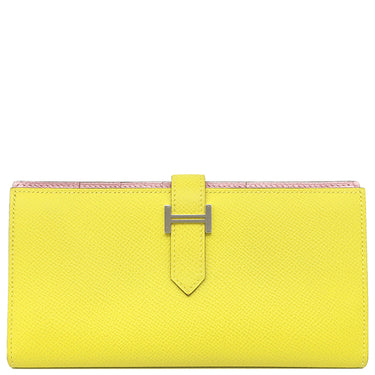エルメス HERMES ベアンスフレ ヴェルソ ライム×モーヴシルベストル ヴォーエプソン 長財布 シルバー金具 黄色 ピンク バイカラー 二つ折財布