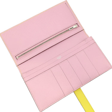 エルメス HERMES ベアンスフレ ヴェルソ ライム×モーヴシルベストル ヴォーエプソン 長財布 シルバー金具 黄色 ピンク バイカラー 二つ折財布