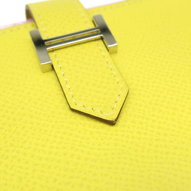 エルメス HERMES ベアンスフレ ヴェルソ ライム×モーヴシルベストル ヴォーエプソン 長財布 シルバー金具 黄色 ピンク バイカラー 二つ折財布