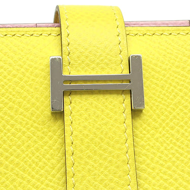 エルメス HERMES ベアンスフレ ヴェルソ ライム×モーヴシルベストル ヴォーエプソン 長財布 シルバー金具 黄色 ピンク バイカラー 二つ折財布