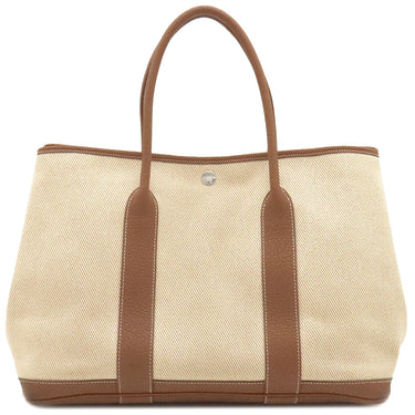 エルメス HERMES ガーデンパーティーPM エクリュ×ゴールド トワルアッシュ ネゴンダ トートバッグ シルバー金具 茶 トワルH