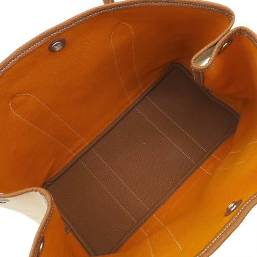 エルメス HERMES ガーデンパーティーPM エクリュ×ゴールド トワルアッシュ ネゴンダ トートバッグ シルバー金具 茶 トワルH