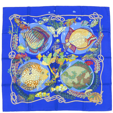 エルメス HERMES カレ90 CARRE ブルー×マルチカラー シルク スカーフ 青 【GRANDS FONDS/深海】