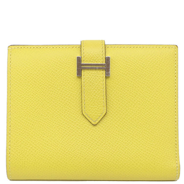 エルメス HERMES ベアンコンパクト ヴェルソ ライム×モーヴシルベストル ヴォーエプソン 二つ折り財布 シルバー金具 黄色 ピンク バイカラー
