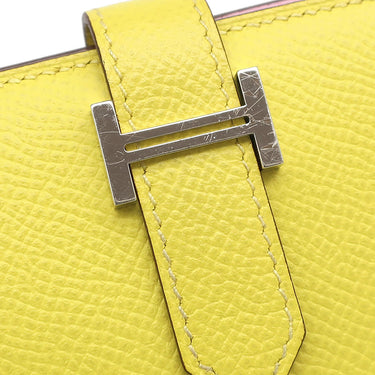 エルメス HERMES ベアンコンパクト ヴェルソ ライム×モーヴシルベストル ヴォーエプソン 二つ折り財布 シルバー金具 黄色 ピンク バイカラー