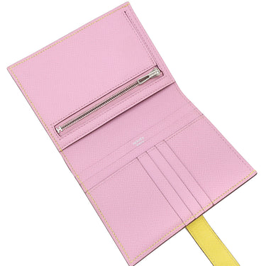 エルメス HERMES ベアンコンパクト ヴェルソ ライム×モーヴシルベストル ヴォーエプソン 二つ折り財布 シルバー金具 黄色 ピンク バイカラー