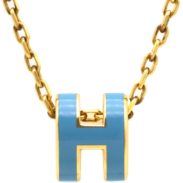 エルメス HERMES ポップアッシュ ミニ ペンダント ブルーXゴールド GP ラッカー ネックレス ゴールド金具 青 Hモチーフ