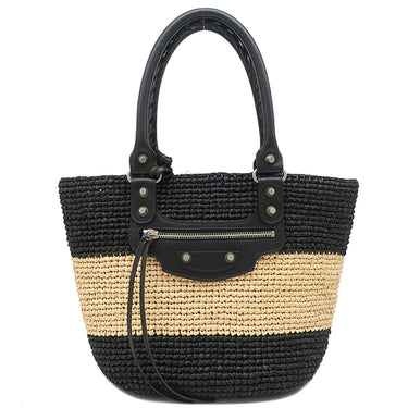 バレンシアガ BALENCIAGA パニエ XS 466498 ブラック×ベージュ ラフィア カーフ トートバッグ ガンメタル金具 カゴハンドバッグ