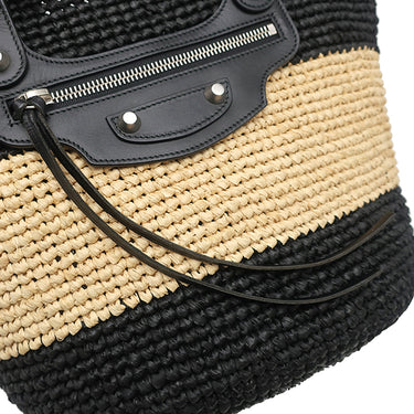 バレンシアガ BALENCIAGA パニエ XS 466498 ブラック×ベージュ ラフィア カーフ トートバッグ ガンメタル金具 カゴハンドバッグ