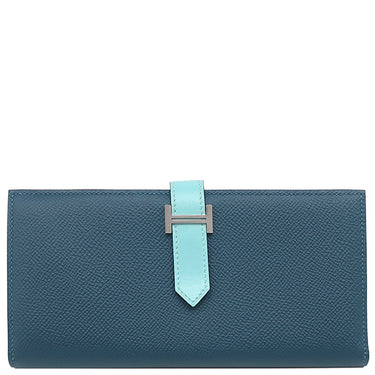 エルメス HERMES ベアンスフレ コルヴェール×ブルーアトール ヴォーエプソン タデラクト 長財布 シルバー金具 青色 二つ折り財布 バイカラー