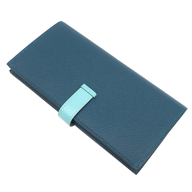 エルメス HERMES ベアンスフレ コルヴェール×ブルーアトール ヴォーエプソン タデラクト 長財布 シルバー金具 青色 二つ折り財布 バイカラー