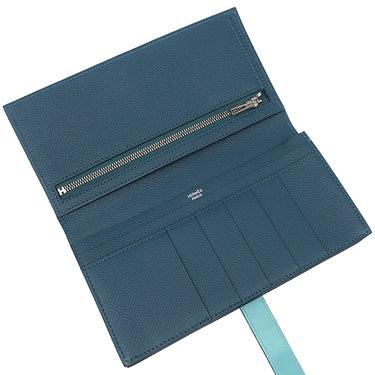 エルメス HERMES ベアンスフレ コルヴェール×ブルーアトール ヴォーエプソン タデラクト 長財布 シルバー金具 青色 二つ折り財布 バイカラー