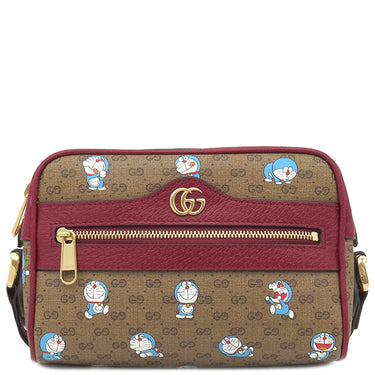 グッチ GUCCI ドラえもんコラボ ミニバッグ 647784 ブラウン×レッド GGスプリームキャンバス ショルダーバッグ ゴールド金具 茶 赤