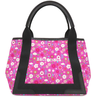 バレンシアガ BALENCIAGA ネイビーカバス S 339933 ピンク×ブラック キャンバス レザー トートバッグ シルバー金具 黒 花柄