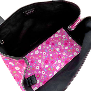 バレンシアガ BALENCIAGA ネイビーカバス S 339933 ピンク×ブラック キャンバス レザー トートバッグ シルバー金具 黒 花柄