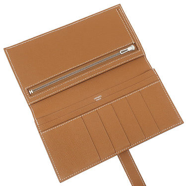 エルメス HERMES ベアンスフレ ゴールド ヴォーエプソン 長財布 シルバー金具 茶 二つ折り財布