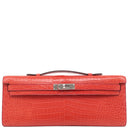 エルメス HERMES ケリーカット ブーケンビリア ポロサスマット ハンドバッグ シルバー金具 赤 クロコ