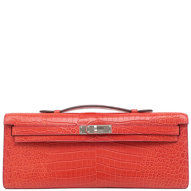 エルメス HERMES ケリーカット ブーケンビリア ポロサスマット ハンドバッグ シルバー金具 赤 クロコ