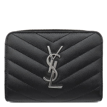 サンローラン SAINT LAURENT コンパクト ジップアラウンド ウォレット 403723 ブラック レザー 二つ折り財布 シルバー金具 黒 Vステッチ