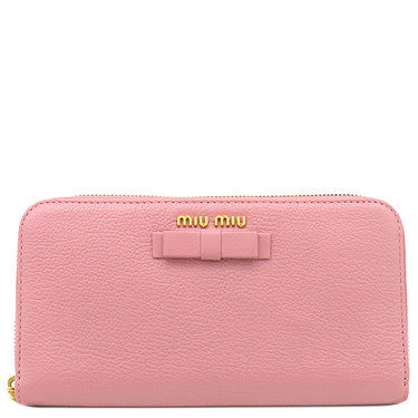 ミュウミュウ MIU MIU リボン付き ラウンドファスナー ウォレット ピンク×イエロー レザー 長財布 ゴールド金具 バイカラー