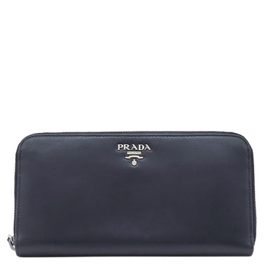 プラダ PRADA ロゴ ラウンドファスナー ネイビー レザー サフィアーノレザー 長財布 シルバー金具 紺 水色 バイカラー