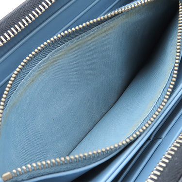 プラダ PRADA ロゴ ラウンドファスナー ネイビー レザー サフィアーノレザー 長財布 シルバー金具 紺 水色 バイカラー