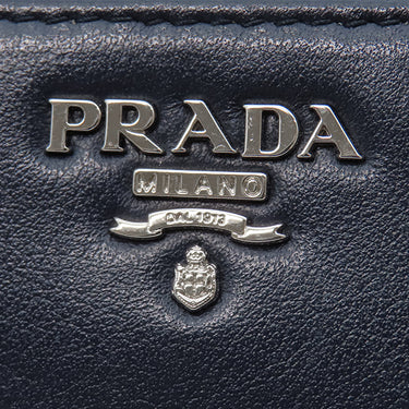 プラダ PRADA ロゴ ラウンドファスナー ネイビー レザー サフィアーノレザー 長財布 シルバー金具 紺 水色 バイカラー