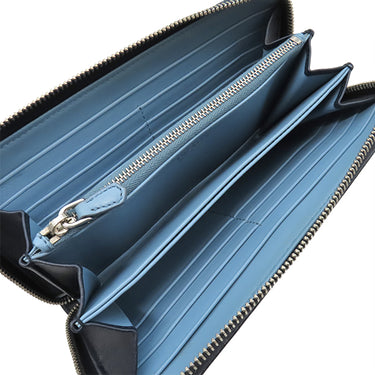 プラダ PRADA ロゴ ラウンドファスナー ネイビー レザー サフィアーノレザー 長財布 シルバー金具 紺 水色 バイカラー