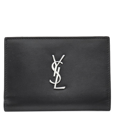 サンローラン SAINT LAURENT モノグラム ロゴ ブラック レザー 二つ折り財布 シルバー金具 黒 コンパクト ウォレット
