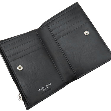 サンローラン SAINT LAURENT モノグラム ロゴ ブラック レザー 二つ折り財布 シルバー金具 黒 コンパクト ウォレット