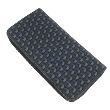 プラダ PRADA ロゴ ラウンドファスナー ブラック×ネイビー ナイロン サフィアーノレザー 長財布 ブラック金具 黒 紺 総柄