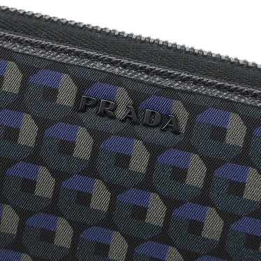 プラダ PRADA ロゴ ラウンドファスナー ブラック×ネイビー ナイロン サフィアーノレザー 長財布 ブラック金具 黒 紺 総柄