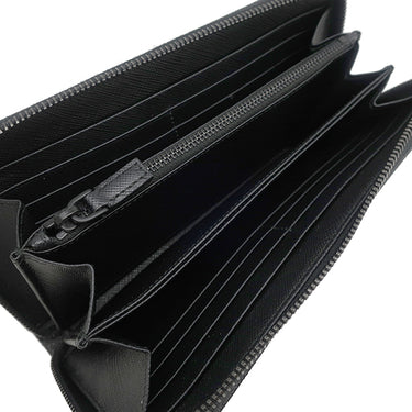 プラダ PRADA ロゴ ラウンドファスナー ブラック×ネイビー ナイロン サフィアーノレザー 長財布 ブラック金具 黒 紺 総柄