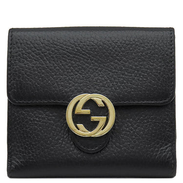 グッチ GUCCI インターロッキングG 二つ折り ウォレット 615525 ブラック レザー 二つ折り財布 ゴールド金具 黒 コンパクトウォレット アウトレット品