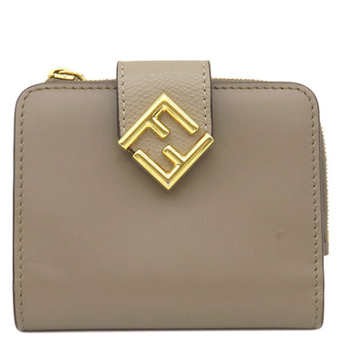 フェンディ FENDI FF ダイヤモンド 財布 グレー レザー 二つ折り財布 ゴールド金具 グレージュ コンパクトウォレット