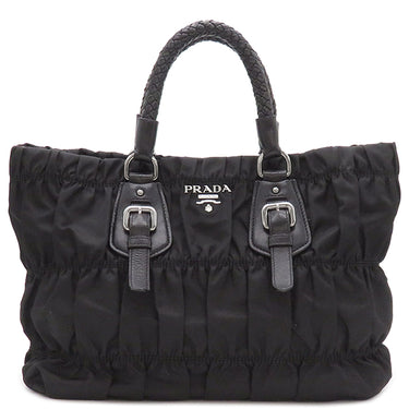 プラダ PRADA メタルロゴ ギャザー ブラック ナイロン レザー 2WAYバッグ シルバー金具 黒 トート ショルダーバッグ