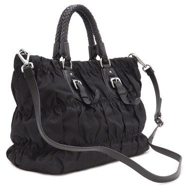 プラダ PRADA メタルロゴ ギャザー ブラック ナイロン レザー 2WAYバッグ シルバー金具 黒 トート ショルダーバッグ