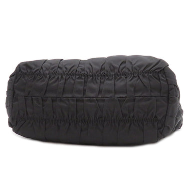 プラダ PRADA メタルロゴ ギャザー ブラック ナイロン レザー 2WAYバッグ シルバー金具 黒 トート ショルダーバッグ