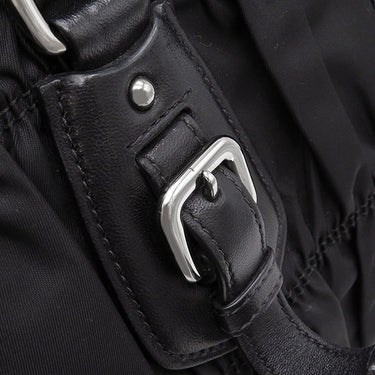 プラダ PRADA メタルロゴ ギャザー ブラック ナイロン レザー 2WAYバッグ シルバー金具 黒 トート ショルダーバッグ