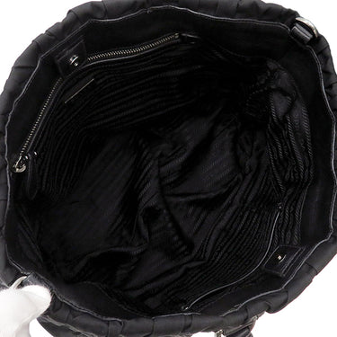 プラダ PRADA メタルロゴ ギャザー ブラック ナイロン レザー 2WAYバッグ シルバー金具 黒 トート ショルダーバッグ