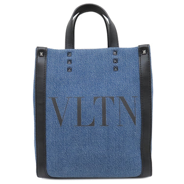 ヴァレンティノ VALENTINO VLTN ロゴ 2Y2B0B78 ブルー×ブラック デニム レザー 2WAYバッグ ブラック金具 青 黒 ショルダー トート スタッズ