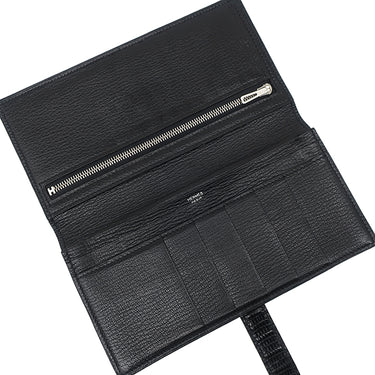 エルメス HERMES ベアンスフレ ブラック リザード 長財布 シルバー金具 黒 二つ折り財布