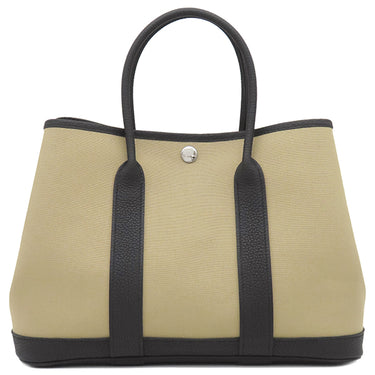 エルメス HERMES ガーデンパーティーTPM トレンチ×ブラック トワルアッシュ レザー ハンドバッグ シルバー金具 黒 トート