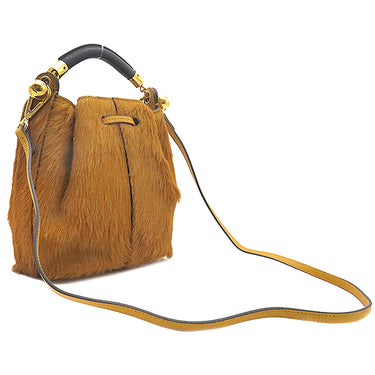 クロエ Chloe ガラ ロングヘアーカーフ アンバーイエロー レザー ハラコ 2WAYバッグ ゴールド金具 巾着 黄色　